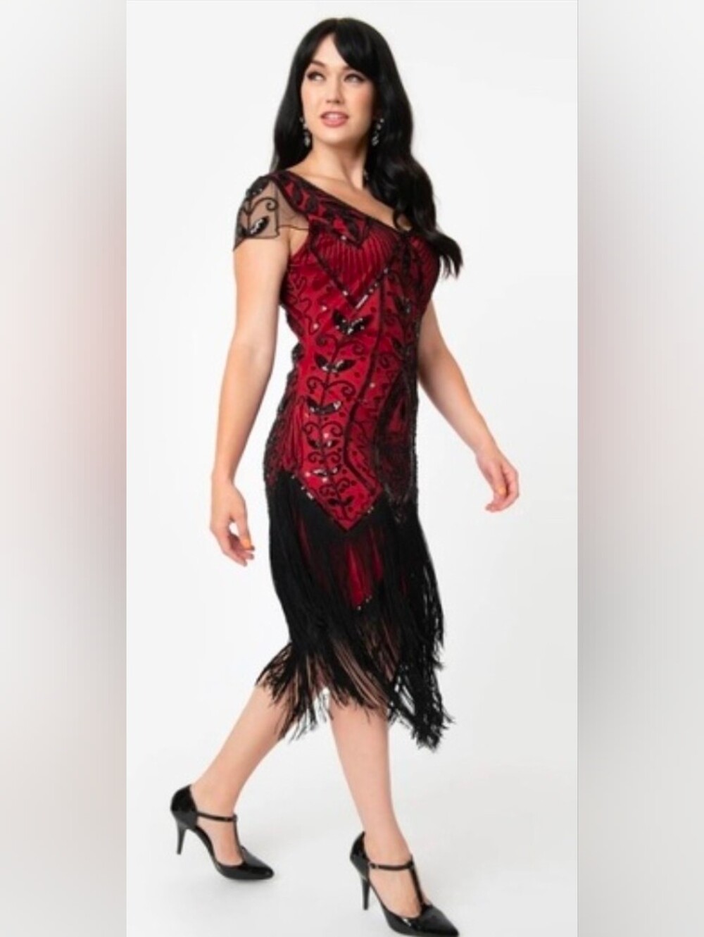 Unique Vintage Black & Red Noele Flapper Dress